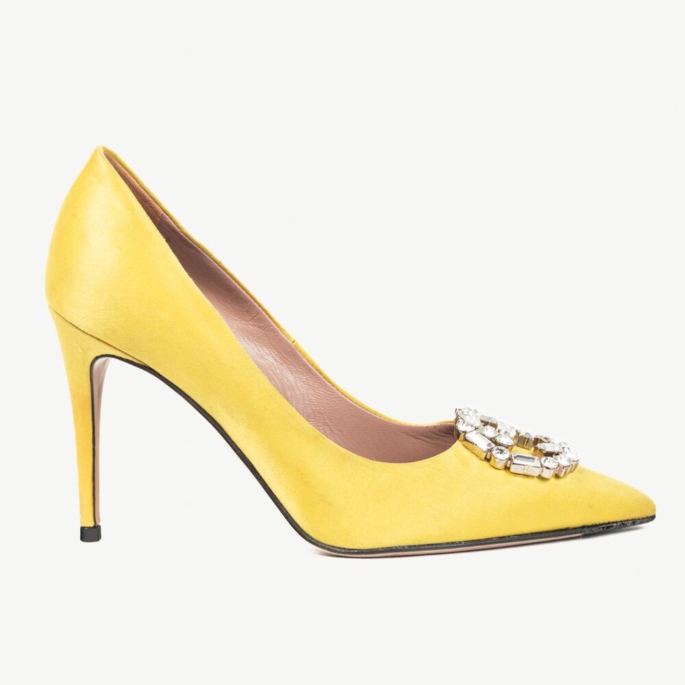 Gucci Yellow Raso Seta Crystal-GG Pointed-Toe Pumps